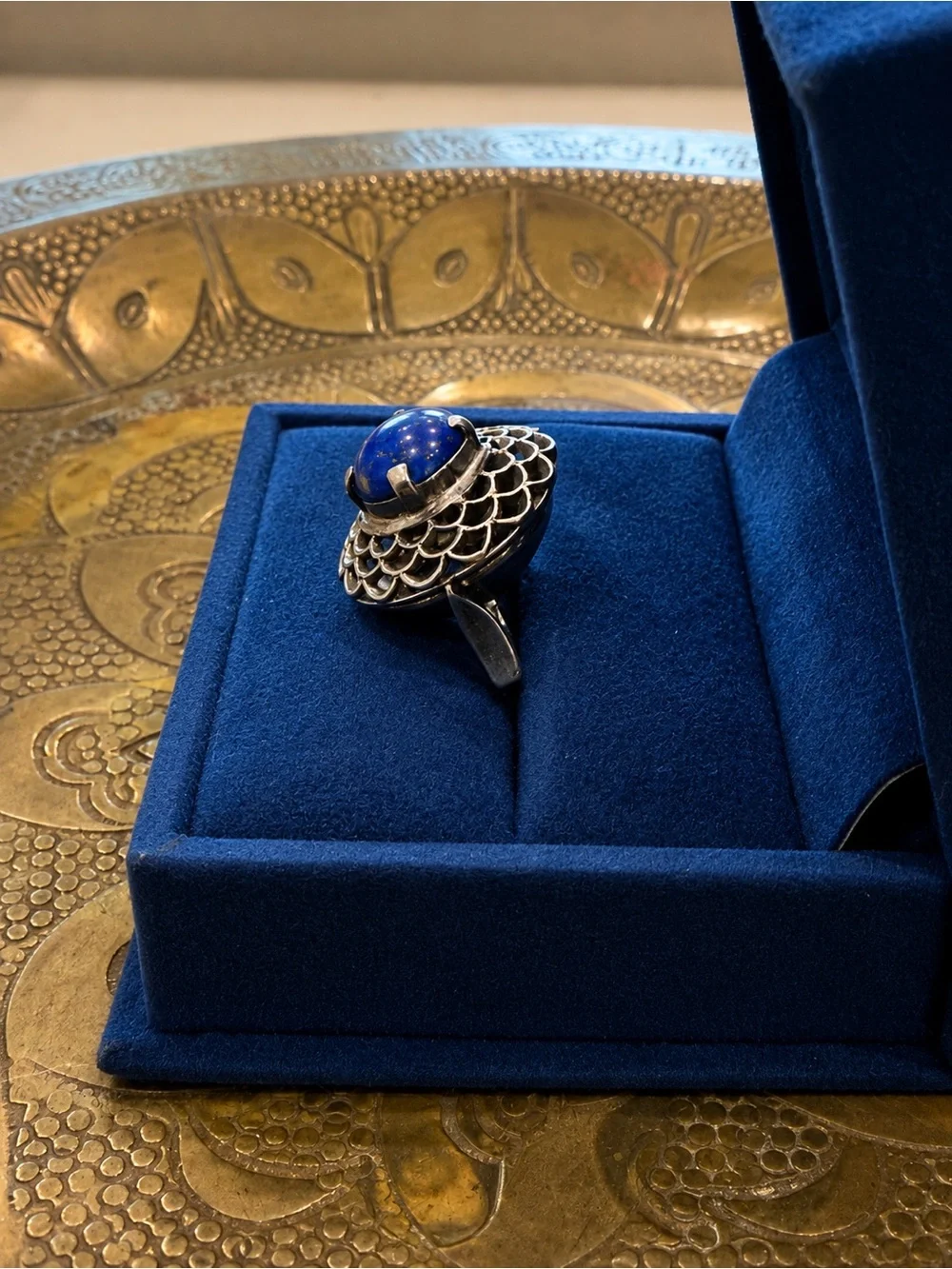 Vintage Lapis Lazuli Silver Filigree Statement Ring Size 5.75